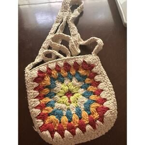 Y2K Boho Festival Crochet Crossbody Bag with Multi-Colored Pattern Open Top